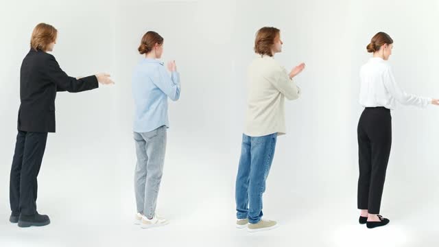 ジェスチャーして伝える男性と女性たちの後ろ姿の動画|無料の動画素材サイト「動画AC」