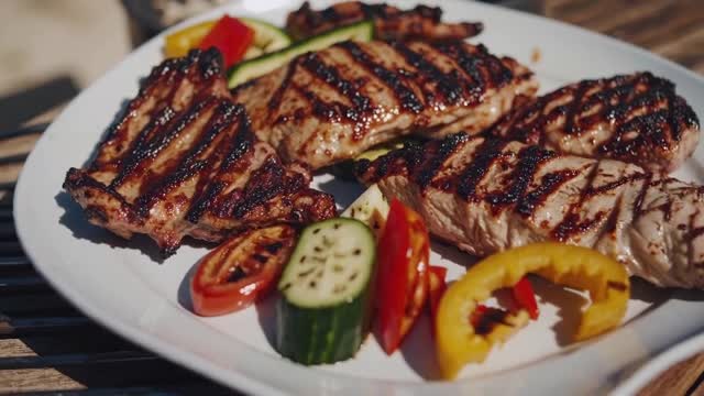 グリルで焼き上げた肉料理と新鮮野菜の動画|無料の動画素材サイト「動画AC」