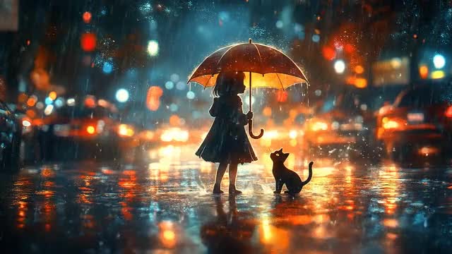 雨降る街の少女と猫の動画|無料の動画素材サイト「動画AC」