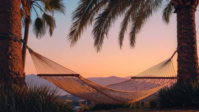 ヤシの木と夕焼けに包まれたハンモックの動画｜無料の動画素材サイト